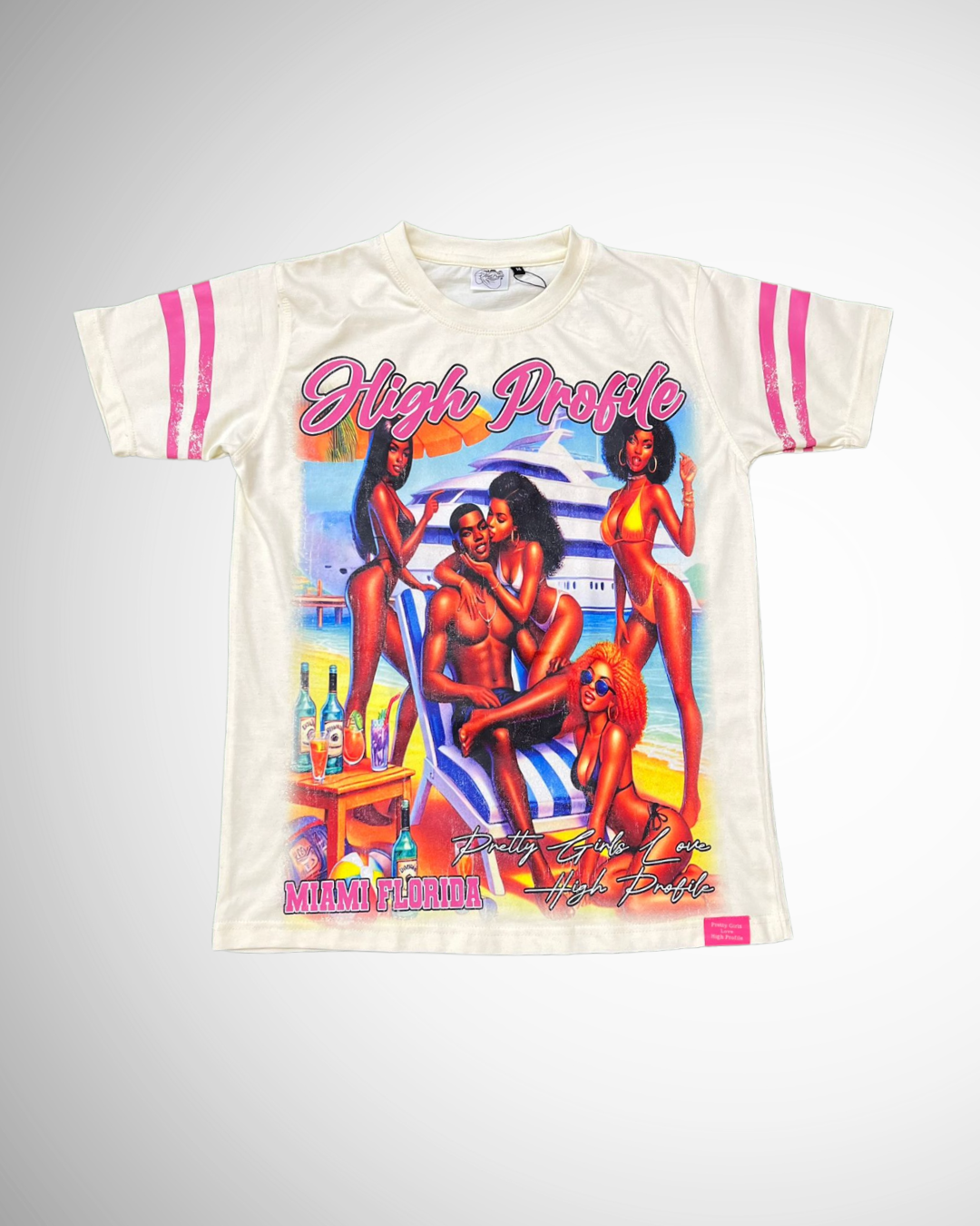Pretty Girls Love High Profile Tee – White / Pink Stripes (Miami Edition)