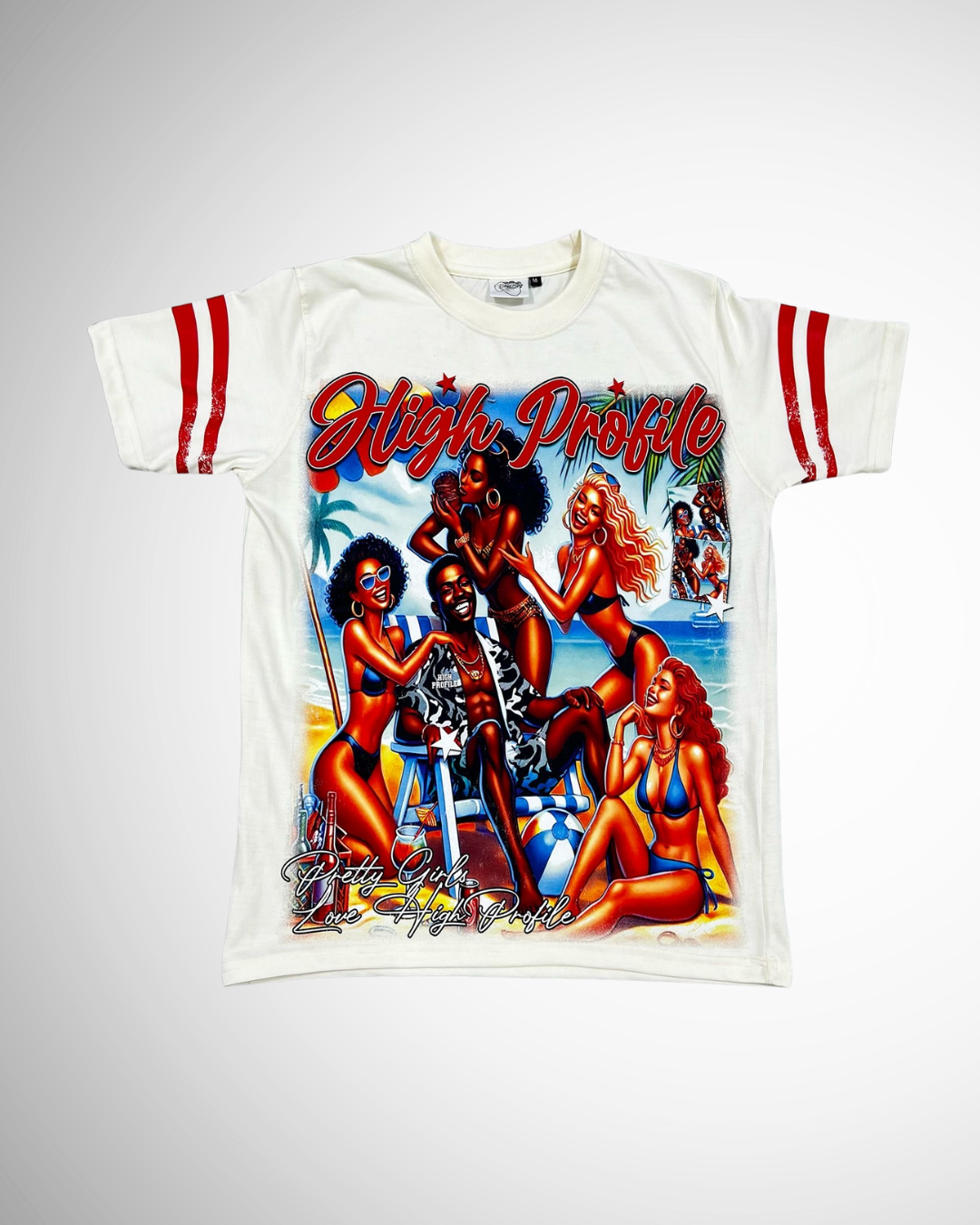 Pretty Girls Love High Profile Tee – White / Red Stripes (Pool Party Edition)