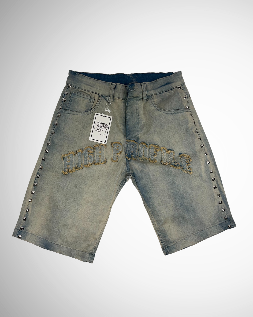 Acid-Washed Studded Light Denim Jorts