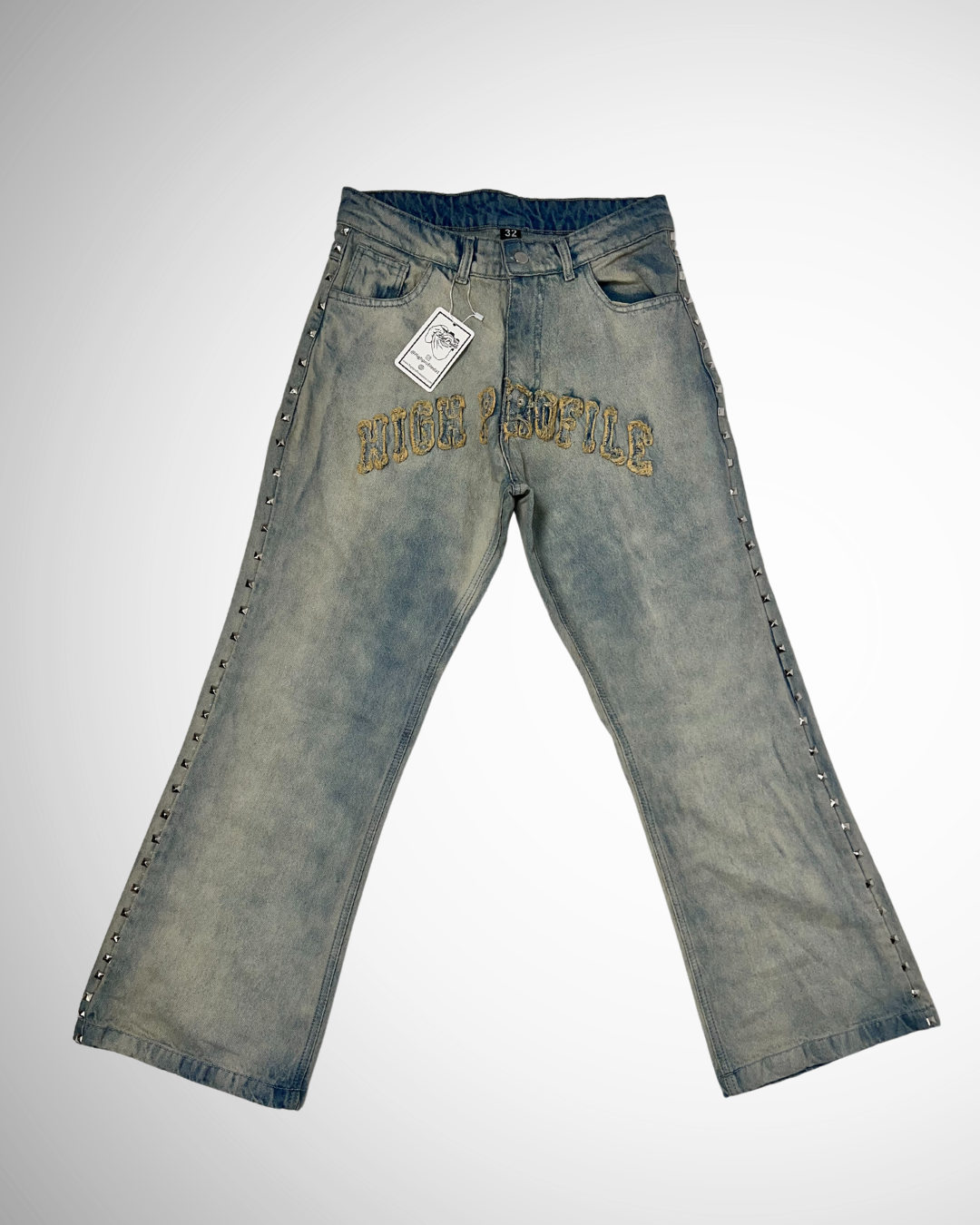 Acid-Washed Studded Light Denim Jeans