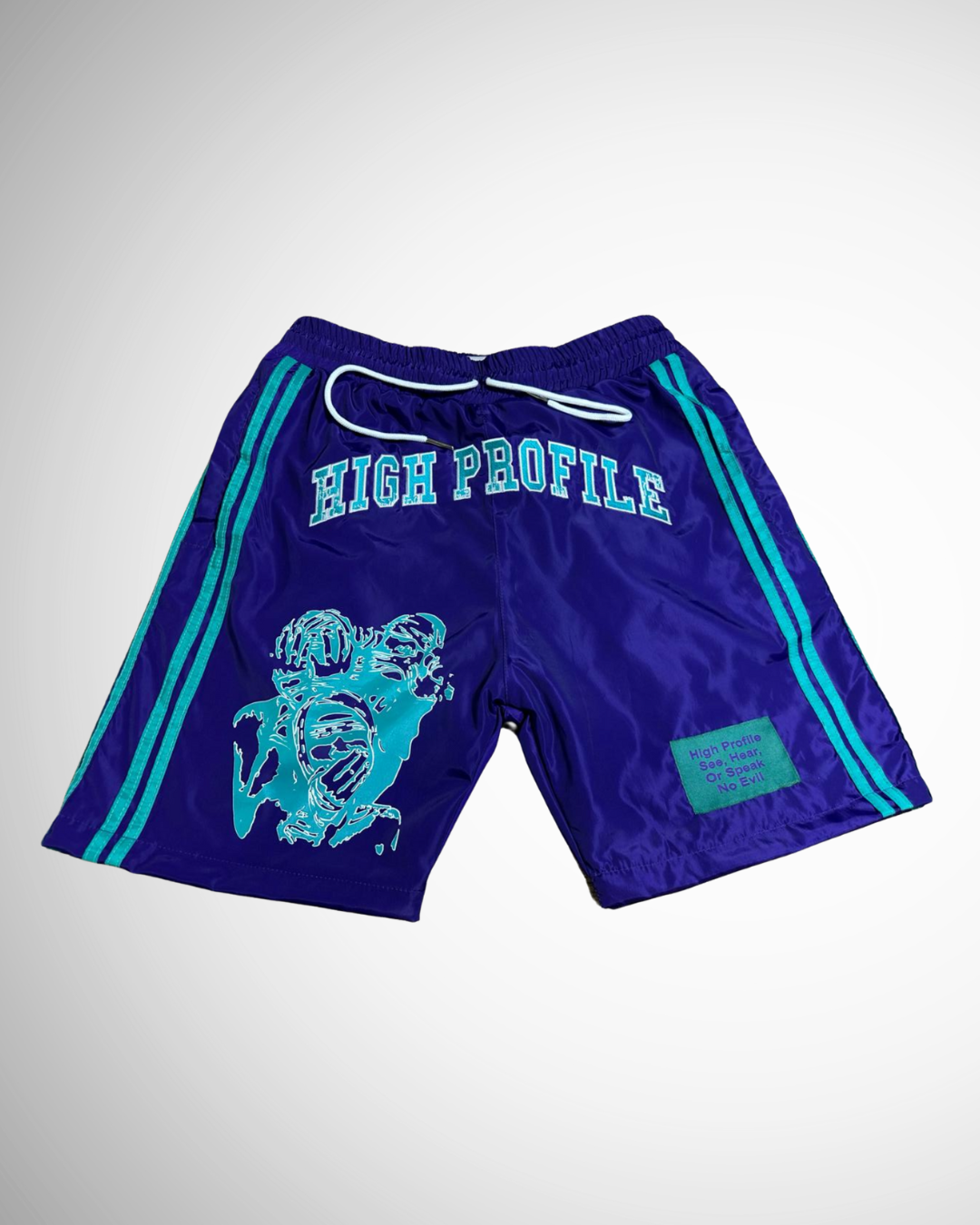 "See No Evil" windbreaker shorts - (Purple/Turquoise)
