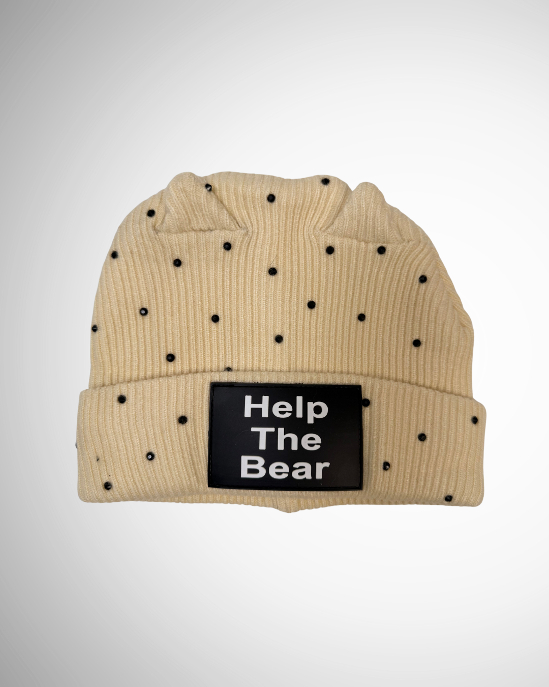 Help The Bear Rhinestone Beanie — Bone (black patch)