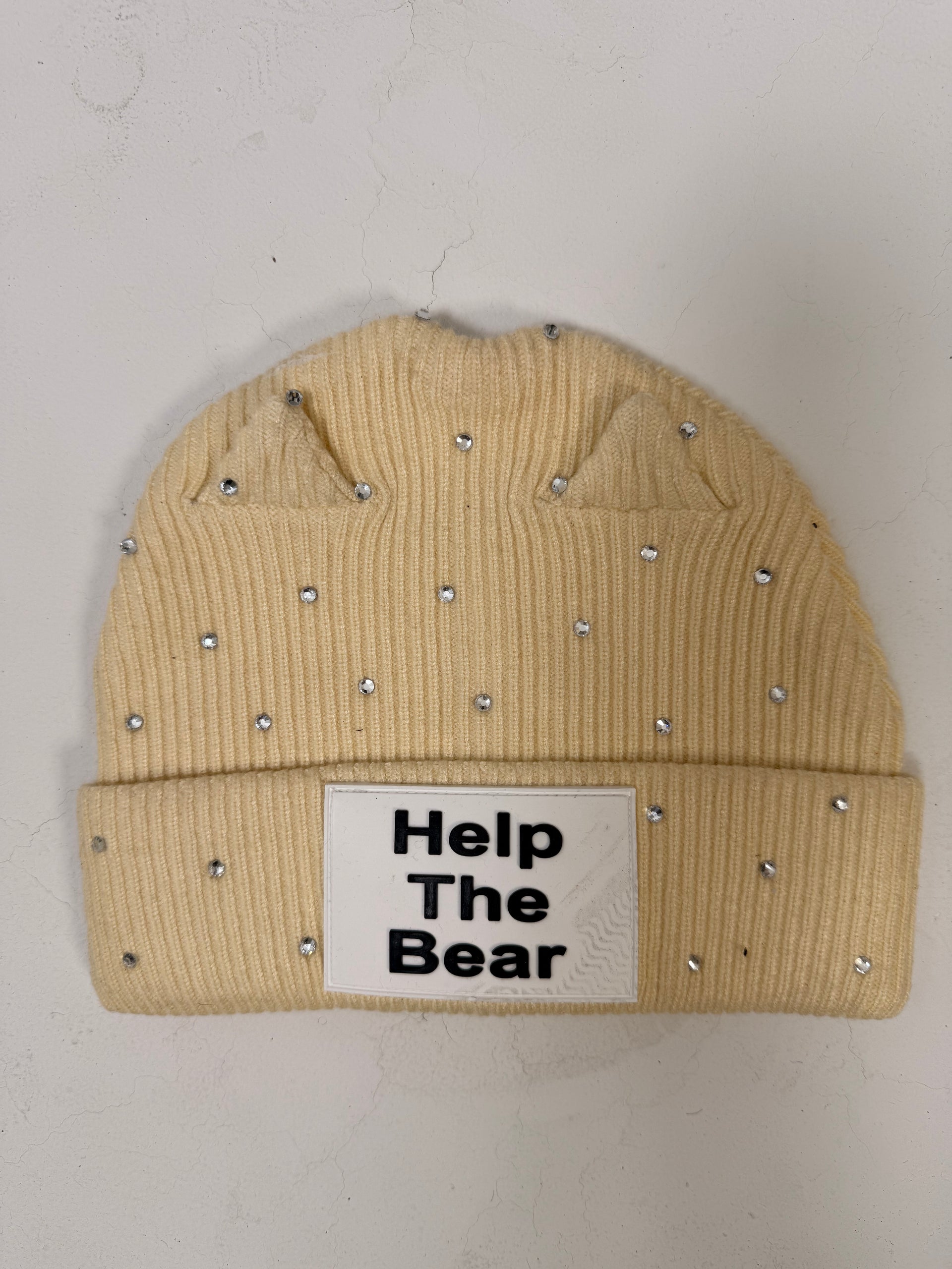 Help The Bear Rhinestone Beanie — Bone (white patch)