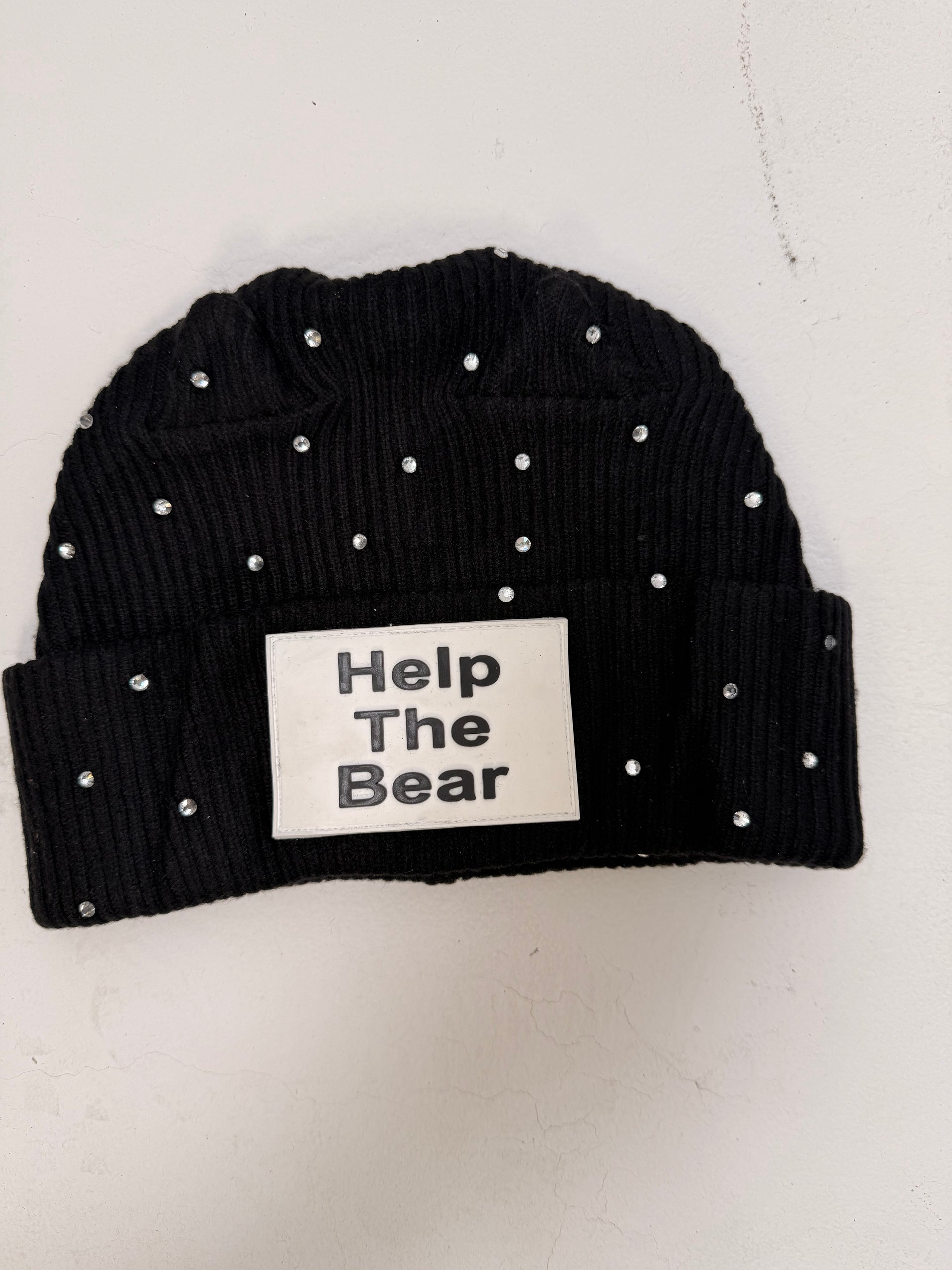 Help The Bear Rhinestone Beanie — Black (white patch)
