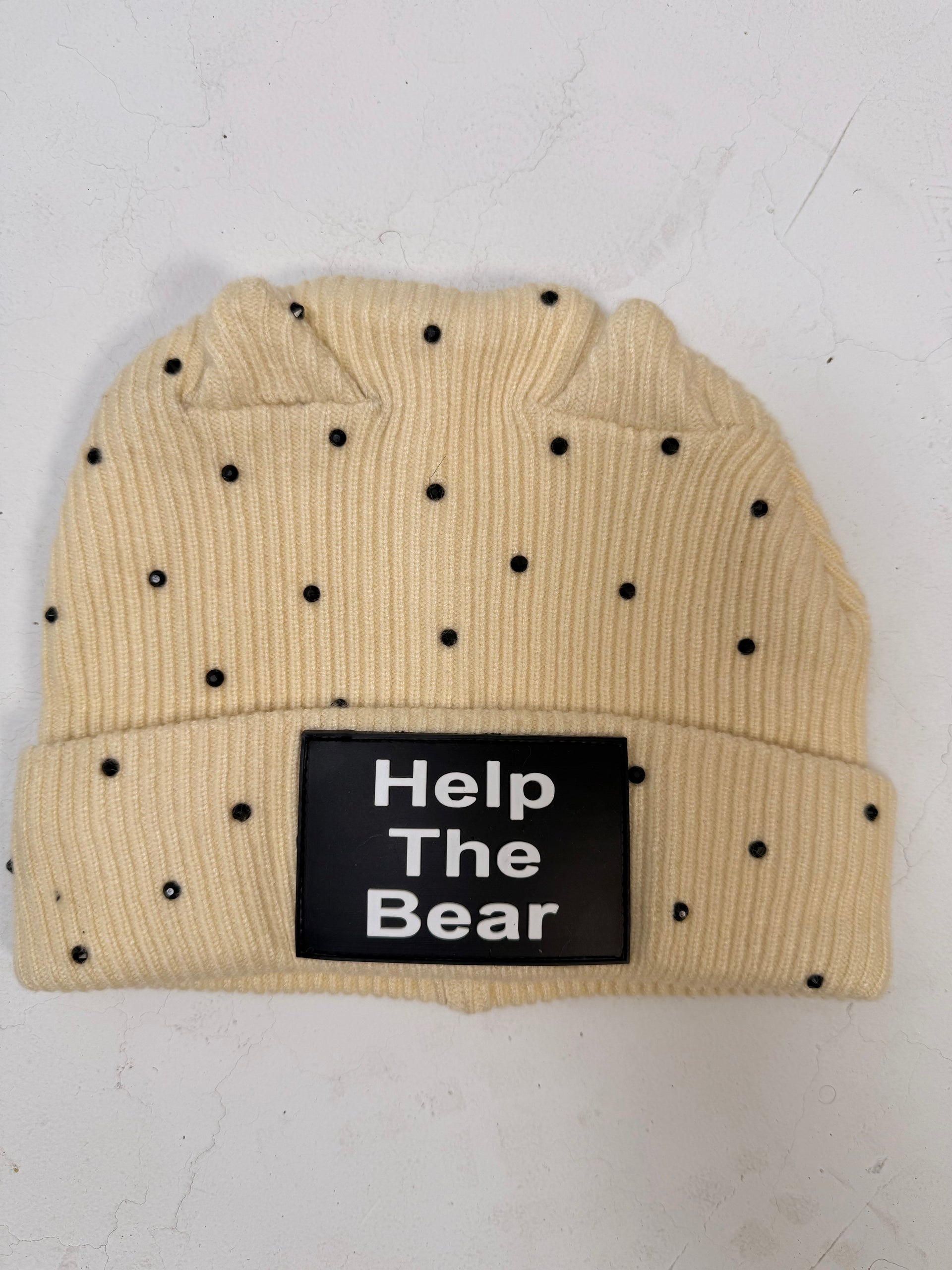 Help The Bear Rhinestone Beanie — Bone (black patch)